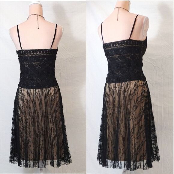 Sue Wong Y2K Black Gold Floral Crochet Lace Tank Midi Slip Dress Size 8 - Picture 11 of 17